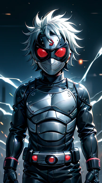 (8k),(masterpiece),(Japanese),(8-year-old boy),((innocent look)),((Childish)),From the front,smile,cute,Innocent,Kind eyes,Flat chest, Hatake Kakashi,Kamen Rider,black helmet,black superhero mask,camisa,no Hair,night,dark, Neon light cyberpunk Konoha village