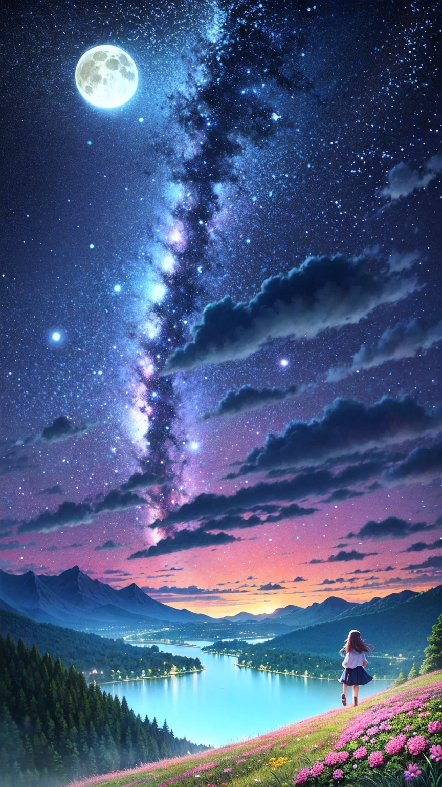 anime-style illustration, A serene landscape featuring a young woman standing on a path, overlooking terraced mountainous valley. The scene is depicted in a highly saturated and vibrant style, intense and rich colors vivid. The lush greenery, cascading hills, rendered with strong exaggerated colors that enhance the natural beauty. The sky above is clear blue sky with few clouds and distant mountain peaks. She is walking along a path illuminated by the moon and stars, creating a magical glow. The grassland is filled with glowing flowers, fireflies, and distant mountains under the night sky.