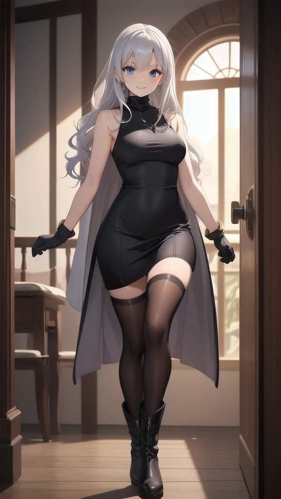 masterpiece, best quality, solo girl, silver hair, blue eyes, long hair, medium breasts, sexy body and face, wavy hair, smile, parted lips, gradient clothes, dress, elbow gloves, sleeveless, bare shoulders, cape, boots, bracelet, sleeveless dress, ribbon, black gloves, turtleneck, short dress, pantyhose, black footwear, night, sexy pose, cowboy shots, detailed body, face, and eyes, sharp focus, vibrant, creative, dynamic, high definition, high resolution, 8k, (Upscale: R-ESRGAN 4x+ Anime6mage enchance:4x), voluptuous body, cinema lightning, dakimakura style, looking at the viewer,