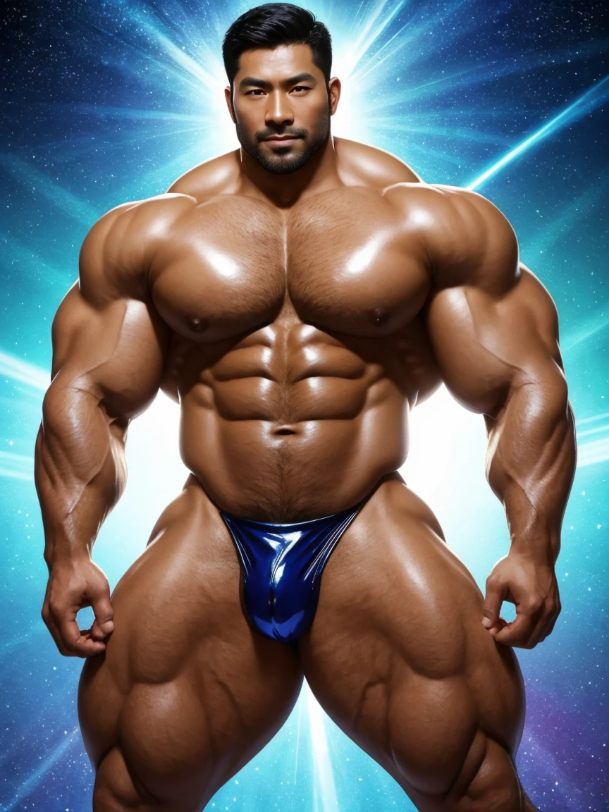 There is only one handsome Asian actor in the photo,35 years old,High target, Fitness,Smooth body,Smooth skin,No chest hair,short hair, O-Shaped Beard,Perfect body, Dark skin color,Radiant Skin,Smooth skin,Shiny, shiny skin,Smooth pectoral muscles,Muscle bulge, muscular, Very large pectoral muscles,Very y abdominal muscles,Very well-developed leg muscles,Huge concave and convex area,Brightens oily skin,Wearing a shiny gold leather thong,Handsome face,Normal human toes,Correct and accurate male body proportions,Superhero style,Light particle effects, dusk, Dynamic poses,Surrounded by energy,Multiple light points,Gradient sky, Gorgeous fantasy magic。