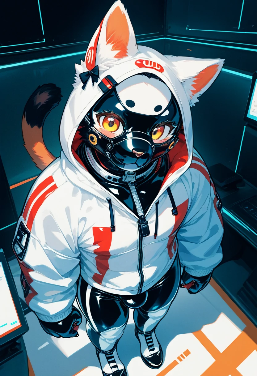 Highest quality, Highest quality, High quality illustrations, masterpiece, Ultra-high resolution, Detailed Background, Games Room, Absurd, Perfect Anatomy, performance, Good lighting, Shadows in the movies(kemono, Furry PersonifiCation), Cat, Dark Skin, Rubber suit, Rubber suit, latex, neon, neonライト, neonカラー, Rubber spats, White rubber hoodie,  Rubber mask, ribbon, Embarrassing, Null bulge, male, juvenile, From above