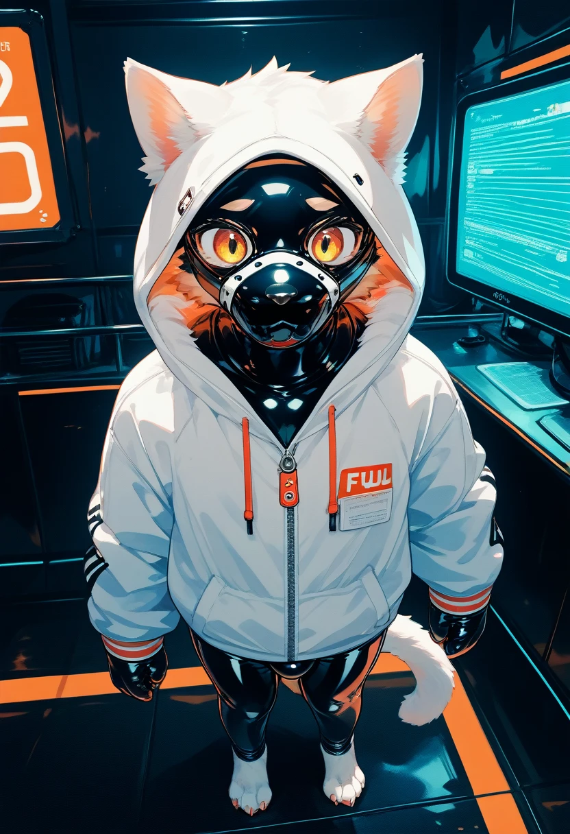 Highest quality, Highest quality, High quality illustrations, masterpiece, Ultra-high resolution, Detailed Background, Games Room, Absurd, Perfect Anatomy, performance, Good lighting, Shadows in the movies(kemono, Furry PersonifiCation), Cat, Dark Skin, Rubber suit, Rubber suit, latex, neon, neonライト, neonカラー, Rubber spats, White rubber hoodie, Rubber mask, ribbon, Embarrassing, Null bulge, male, juvenile, From above