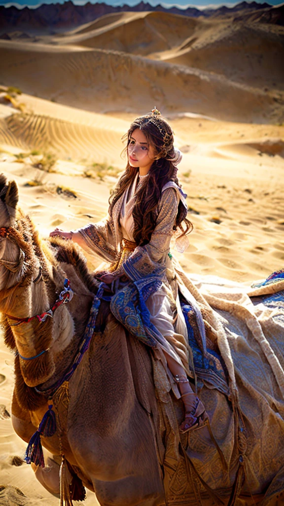 a desert princess riding a camel, beautiful detailed eyes, beautiful detailed lips, extremely detailed face, long eyelashes, intricate jewelry, flowing robes, desert landscape, golden sand dunes, warm sunlight, cinematic lighting, photorealistic, hyper detailed, 8k, award winning artwork, digital painting, concept art
