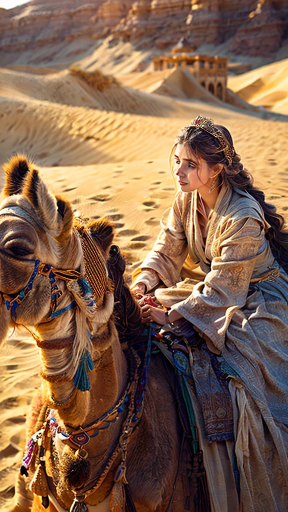 a desert princess riding a camel, beautiful detailed eyes, beautiful detailed lips, extremely detailed face, long eyelashes, intricate jewelry, flowing robes, desert landscape, golden sand dunes, warm sunlight, cinematic lighting, photorealistic, hyper detailed, 8k, award winning artwork, digital painting, concept art