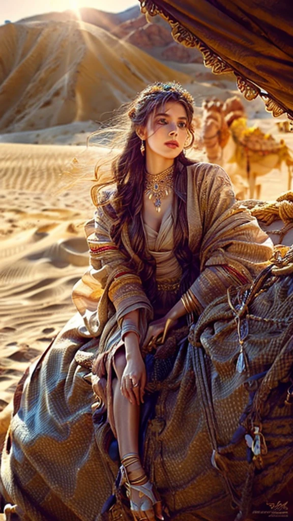 a desert princess riding a camel, beautiful detailed eyes, beautiful detailed lips, extremely detailed face, long eyelashes, intricate jewelry, flowing robes, desert landscape, golden sand dunes, warm sunlight, cinematic lighting, photorealistic, hyper detailed, 8k, award winning artwork, digital painting, concept art