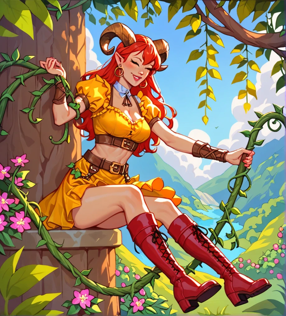 score_9, score_8_up, score_7_up, score_6_up, score_5_up, score_4_up, BREAK source_anime, yellow medieval summer girl, concept, vines on the hand and horns from vines, red boots