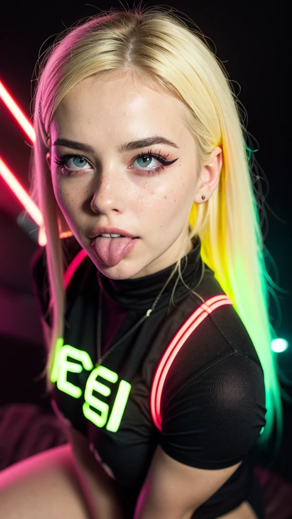 (ultra realistic),Photo, high quality, аналоговая Photoграфия Ahegao , (low lighting), (neon atmosphere) light background ,portrait of 1girl, Ahegao, blonde,(chölka), view from above, detailed eyes,