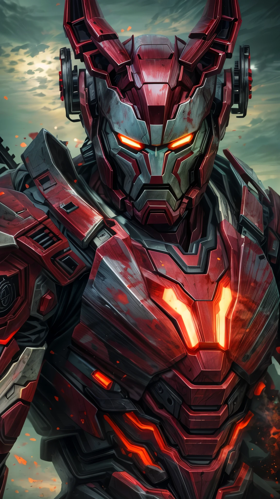 a powerful demon-possessed iron man, demonic cybernetic armor, horns, glowing red eyes, (best quality,4k,8k,highres,masterpiece:1.2),ultra-detailed,(realistic,photorealistic,photo-realistic:1.37),dynamic composition, vivid demonic colors, dark moody sky background, extremely detailed powerful character, action pose, intimidating presence