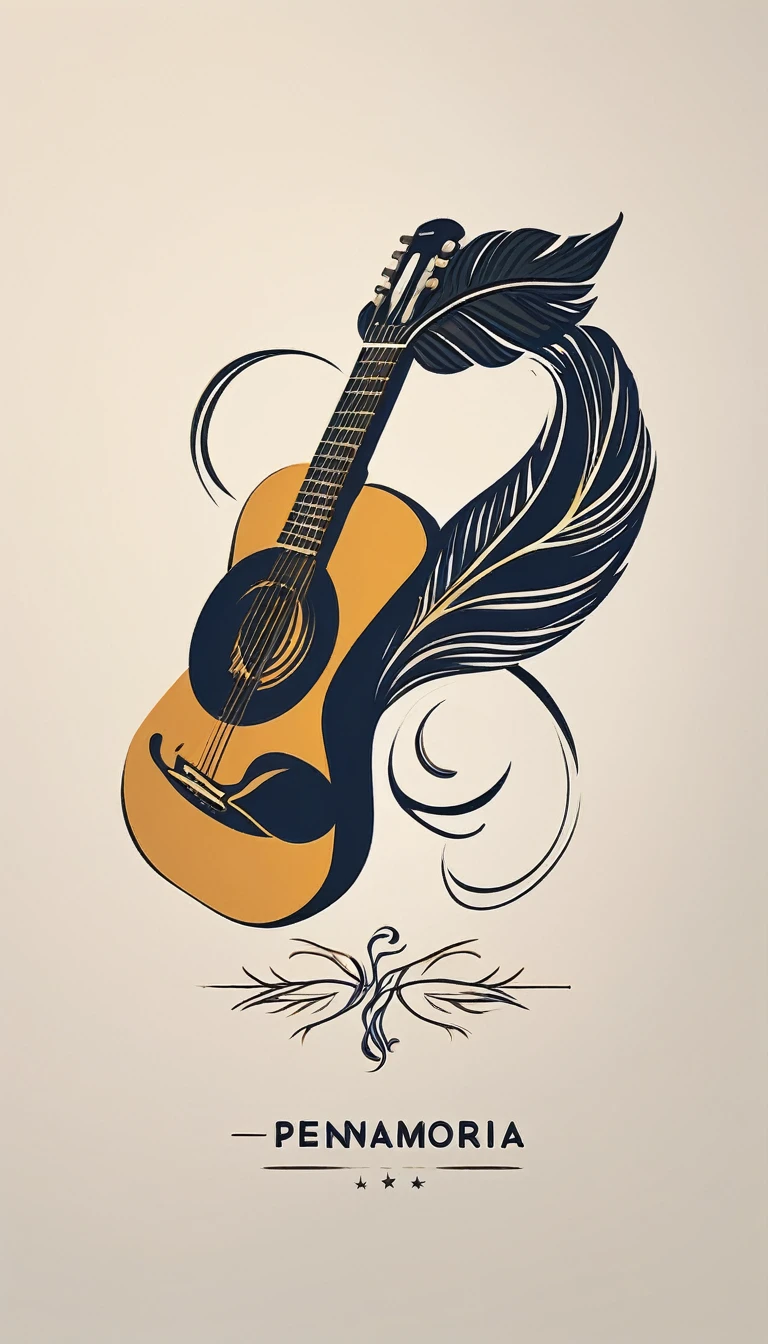 A minimal, modern, simple, cinematic logotype for the brand “Penamemoria". The logotype must be a simple, magical feather and a boy playing acoustic guitar. The logo must convey a sense of music, stories and dreams. Logo design impressed on a book cover. Minimalistic logo