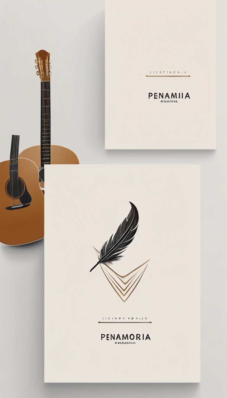 A minimal, modern, simple, cinematic logotype for the brand “Penamemoria". The logotype must be a simple, magical feather and a boy playing acoustic guitar. The logo must convey a sense of music, stories and dreams. Logo design impressed on a book cover. Minimalistic logo