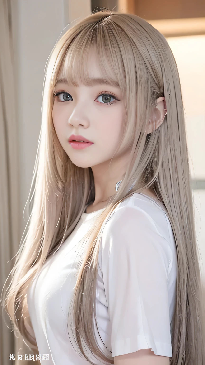 Silver Shiny Hair、Super long straight silky hair、Dazzling blonde, super long, silky hair、16 year old cute little beautiful face、Beautiful girl、A radiant blonde dancing in front of a beautiful face、length, Silky bangs that cover the area between the eyes、so beautiful, bright, big, bright青い目、Very big eyes、Hair that hides the face、Sexy and cute young woman with super long bangs、Very white skin、Cheek Gloss Highlighter、Small Face Beauty、Round face、Cute Shirts、Ample Bust、whole body