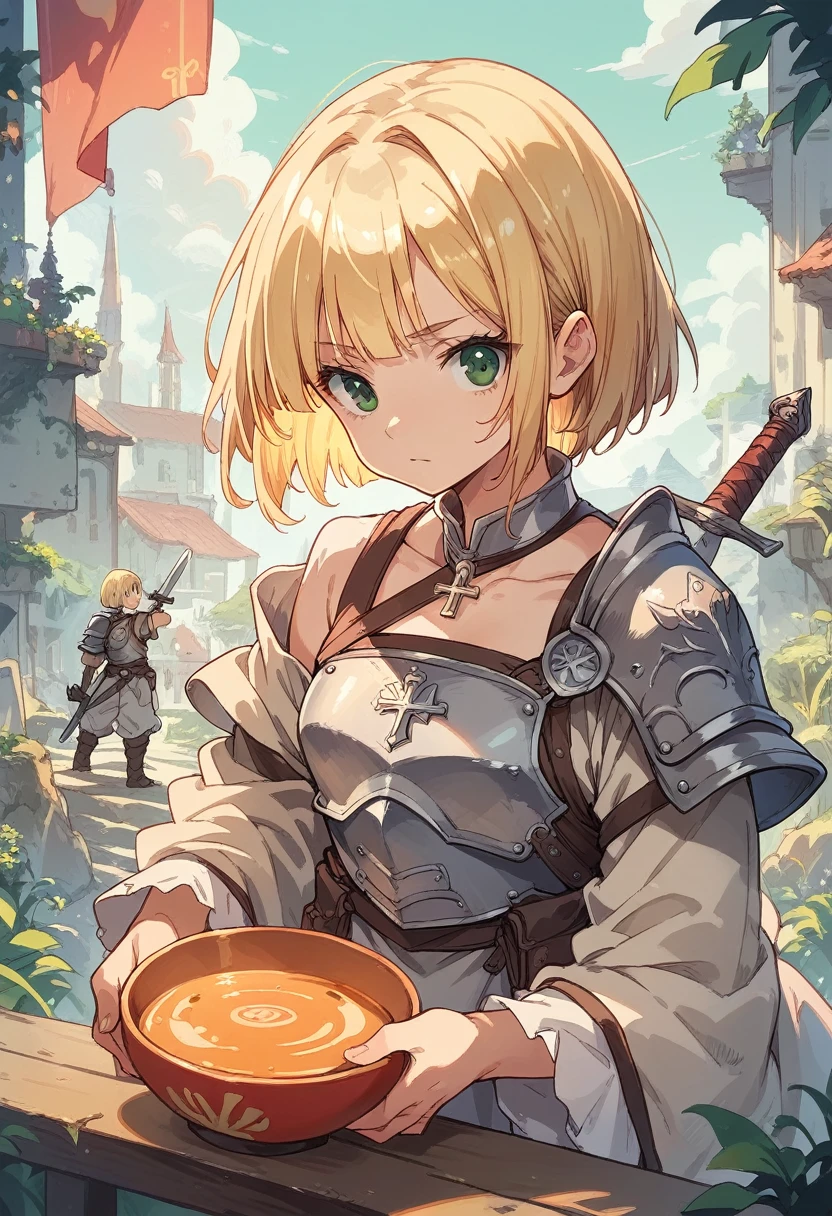 Blonde,Bowl Cut,Green eyes, large poncho,Cross shield shoulder strap,Light Armor,Buster Sword