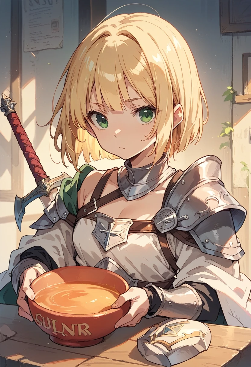 Blonde,Bowl Cut,Green eyes, large poncho,Cross shield shoulder strap,Light Armor,Buster Sword