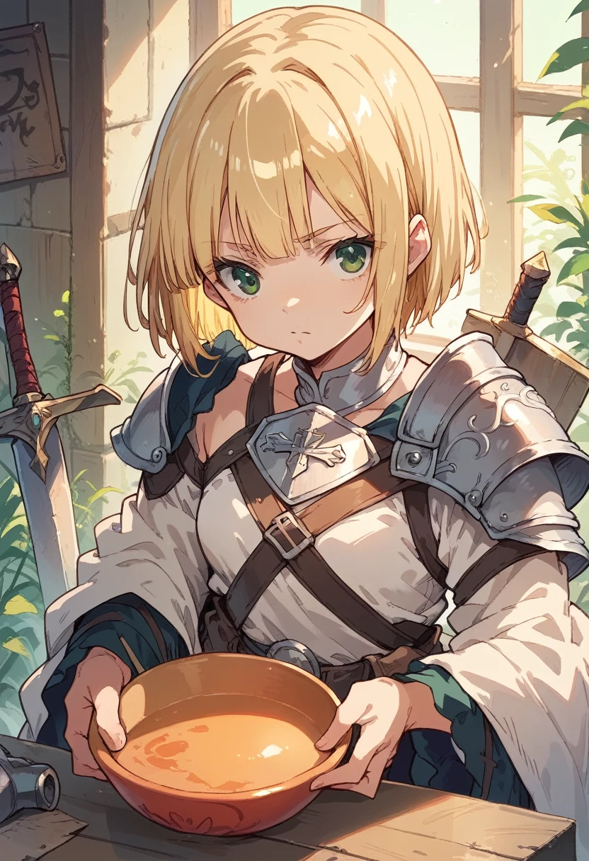 Blonde,Bowl Cut,Green eyes, large poncho,Cross shield shoulder strap,Light Armor,Buster Sword