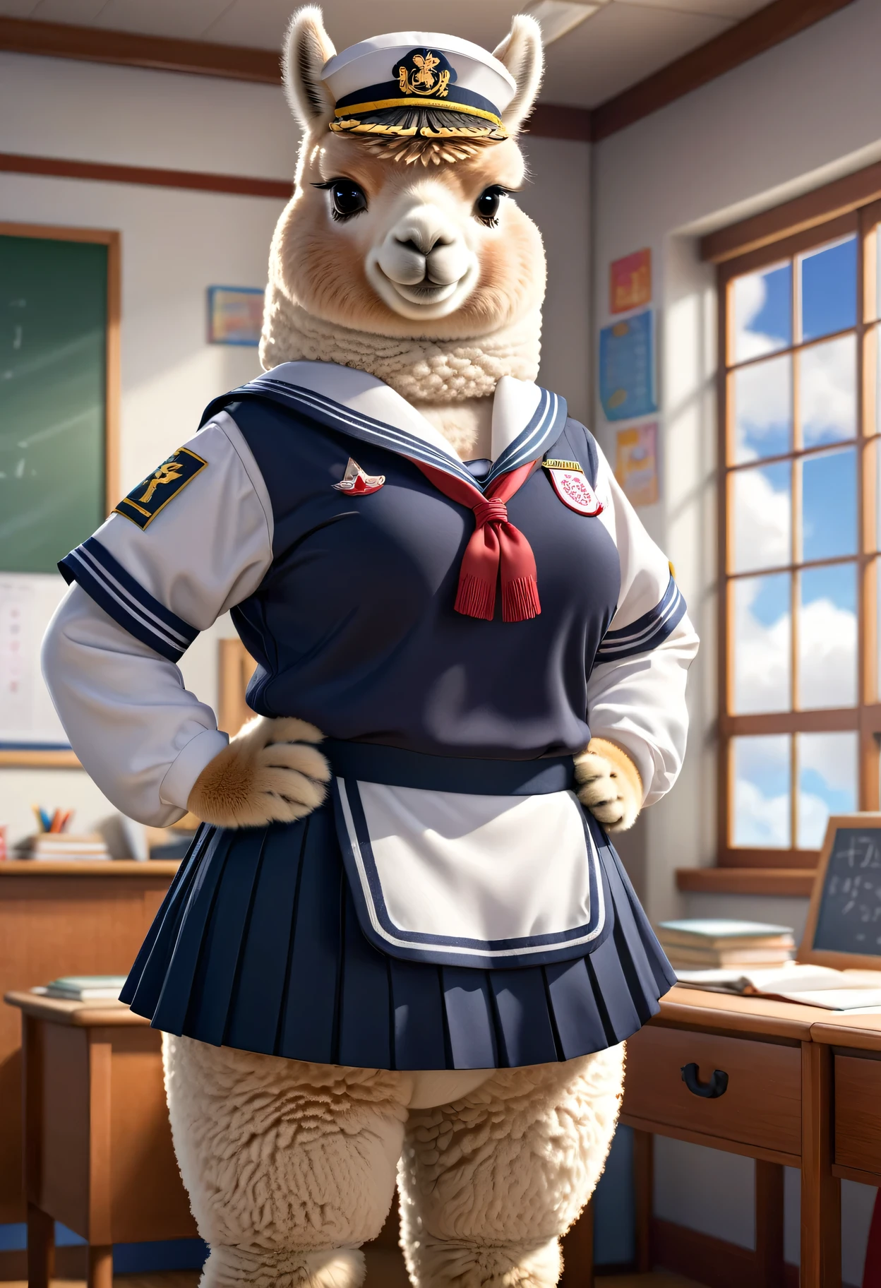 photorealistic portrait of Dressed animals-a ((fat)) ((alpaca)) student,(furry), (elegant pose:1.5), (hands on hips:1.5),(smile:1.5),high quality,(),(lovely) ,intricate details, Wearing Japanese sailor uniform , (), highly detailed ((female sailor uniform)) ,highly detailed clothes, high sox , (happy), soft lighting,(full body image:2.0),in classroom background,clouds,score_9, score_8_up, score_7_up, score_6_up, score_5_up, score_4_up,