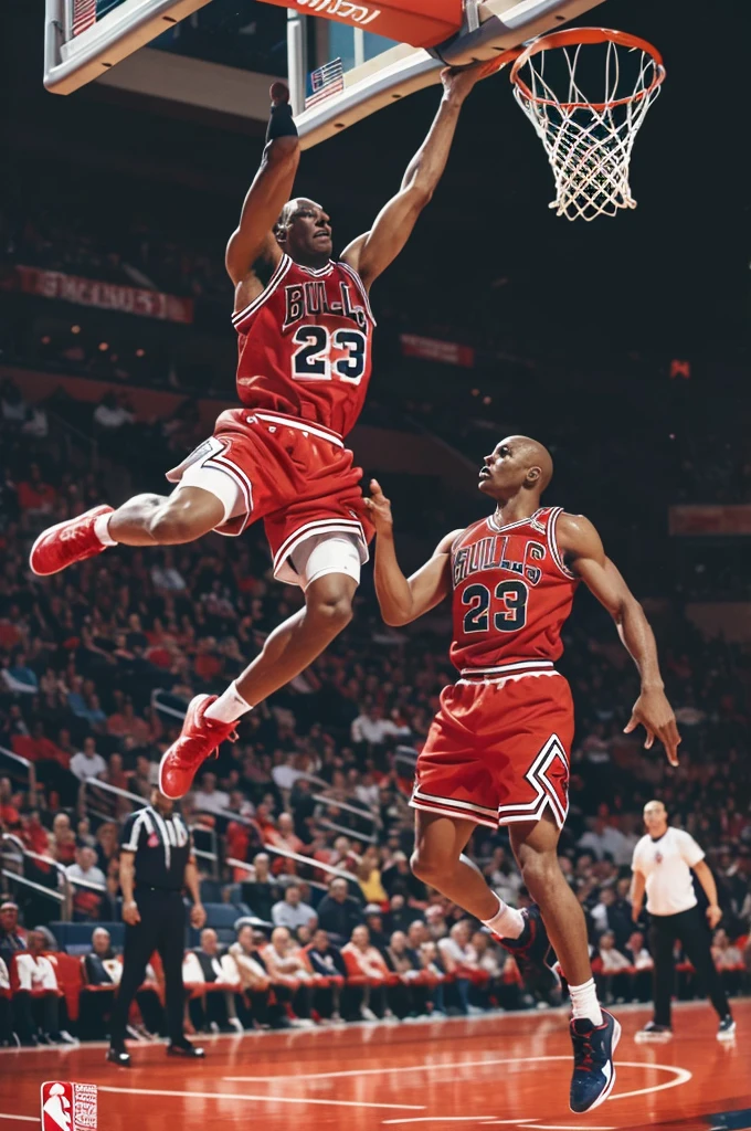 “An image in a comic book style depicting Michael Jordan wearing the traditional red Chicago Bulls basketball uniform, making a slam dunk. The background features an exaggerated basketball court, with the overall style emphasizing vibrant colors and dynamic motion to convey the intensity of the action.”