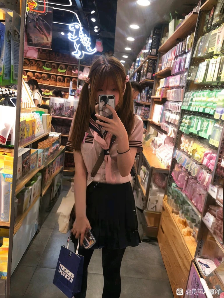 A woman takes a selfie in a store, Sakimichan, Ulzan, Chiho, Belle Delphine, Anime girls in real life, Japanese school uniform for girls, Wear Japanese , Qingfu, Cute kawaii girl, Watch Stream 666, Japan maid café, Blackpink's Larissa Manoban