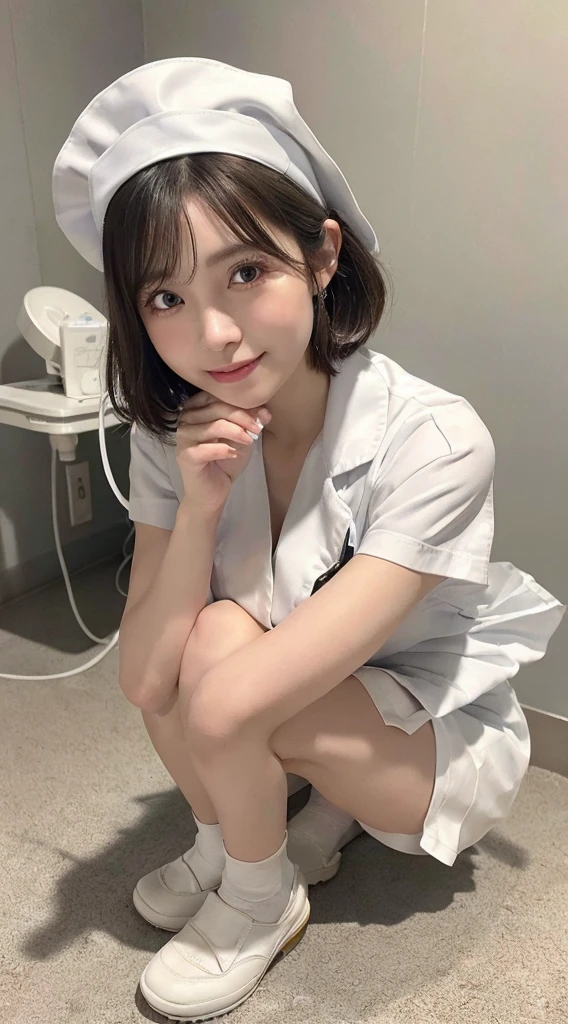 Innocent 14 year old girl,Colossal :1.2,cleavage of the breast:1.2、(pantyshot:1.3) (White nurse uniform:1.5),( White short skirt:1.5),(White nurse cap:1.5),(White Nurse Pump:1.5), (Squatting:1.3)、Angle:1.2、(Hands down:1.5)、The background is a hospital room、Smile,short-cut、Raw photo, (8K、top-quality、masterpiece:1.2)、(intricate detailes:1.4)、(Photorealsitic:1.4)、octane renderings、Complex 3D rendering ultra detail, Studio Soft Light, Rim Lights, vibrant detail, super detailing, realistic skin textures, Detail Face, Beautiful detail eyes, Very detailed CG Unity 16k wallpaper, make - up, (detailedbackground:1.2), shinny skin, Full body,Squat down and bend your knees