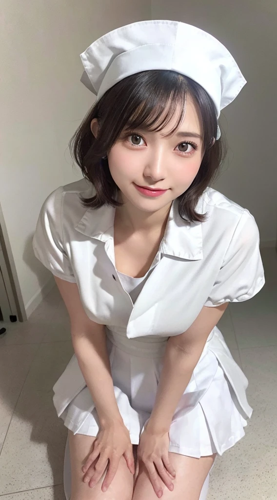 Innocent 14 year old girl,Colossal :1.2,cleavage of the breast:1.2、(pantyshot:1.3) (White nurse uniform:1.5),( White short skirt:1.5),(White nurse cap:1.5),(White Nurse Pump:1.5), (Squatting:1.3)、Angle:1.2、(Hands down:1.5)、The background is a hospital room、Smile,short-cut、Raw photo, (8K、top-quality、masterpiece:1.2)、(intricate detailes:1.4)、(Photorealsitic:1.4)、octane renderings、Complex 3D rendering ultra detail, Studio Soft Light, Rim Lights, vibrant detail, super detailing, realistic skin textures, Detail Face, Beautiful detail eyes, Very detailed CG Unity 16k wallpaper, make - up, (detailedbackground:1.2), shinny skin, Full body,Squat down and bend your knees