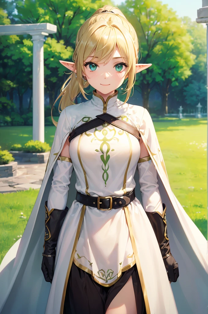 (((masterpiece; best quality: 1.2))), (finely detailed eyes: 1.3), (25 year old elf woman), (solo), (green eyes: 1.4), (body; lithe, fit, femenine: 1.3), (silky blonde hair + low ponytail: 1.3), (beautiful and clear background: 1.2), ((depth of field)), (equipment: adventurer attire + modest + long white tunic-coat + black longskirt + gloves + belt + pouches: 1.3), (anime illustration: 1.2), (background composition; royal garden: 1.1), (extremely fine and beautiful: 1.1), (shot composition; standing + centered on torso + close-up: 1.5), (expression; calm, smile: 1.2)