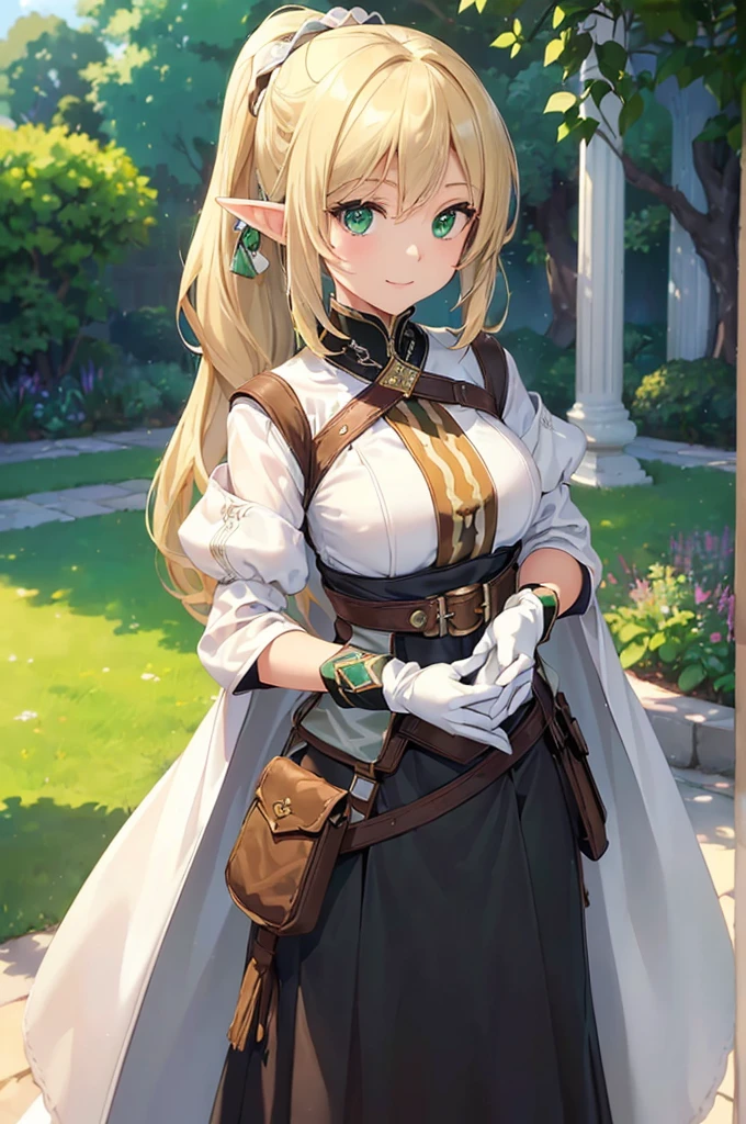 (((masterpiece; best quality: 1.2))), (finely detailed eyes: 1.3), (25 year old elf woman), (solo), (green eyes: 1.4), (body; lithe, fit, femenine: 1.3), (silky blonde hair + low ponytail: 1.3), (beautiful and clear background: 1.2), ((depth of field)), (equipment: adventurer attire + modest + long white tunic-coat + black longskirt + gloves + belt + pouches: 1.3), (anime illustration: 1.2), (background composition; royal garden: 1.1), (extremely fine and beautiful: 1.1), (shot composition; standing + centered on torso + close-up: 1.5), (expression; calm, smile: 1.2)