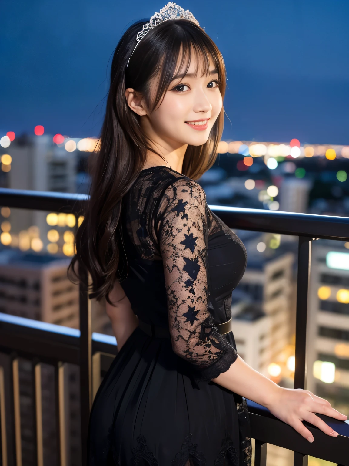 (Best-quality, Masterpiece, Ultra-High-Resolution, (Photorealistic:1.4), Raw Photo, depth of field, professional lighting, perfect anatomy, extremely details), (((Magnificent-view, beautiful outdoor-view, beautiful night-sky, beautiful stars))), ((on balcony of luxury-hotel-suite)), 1girl, 15-years-old, the most famous Japanese idol, wearing extremely lacy casual-dress with cute-design, standing, looking at viewer, innocent-smile, (extremely cute face like the most popular Japanese idol, (extremely cute and extremely big black-eyes), extremely beautiful black-long-hair, (extremely beautiful and extremely realistic skins), extremely beautiful body, extremely beautiful thighs)
