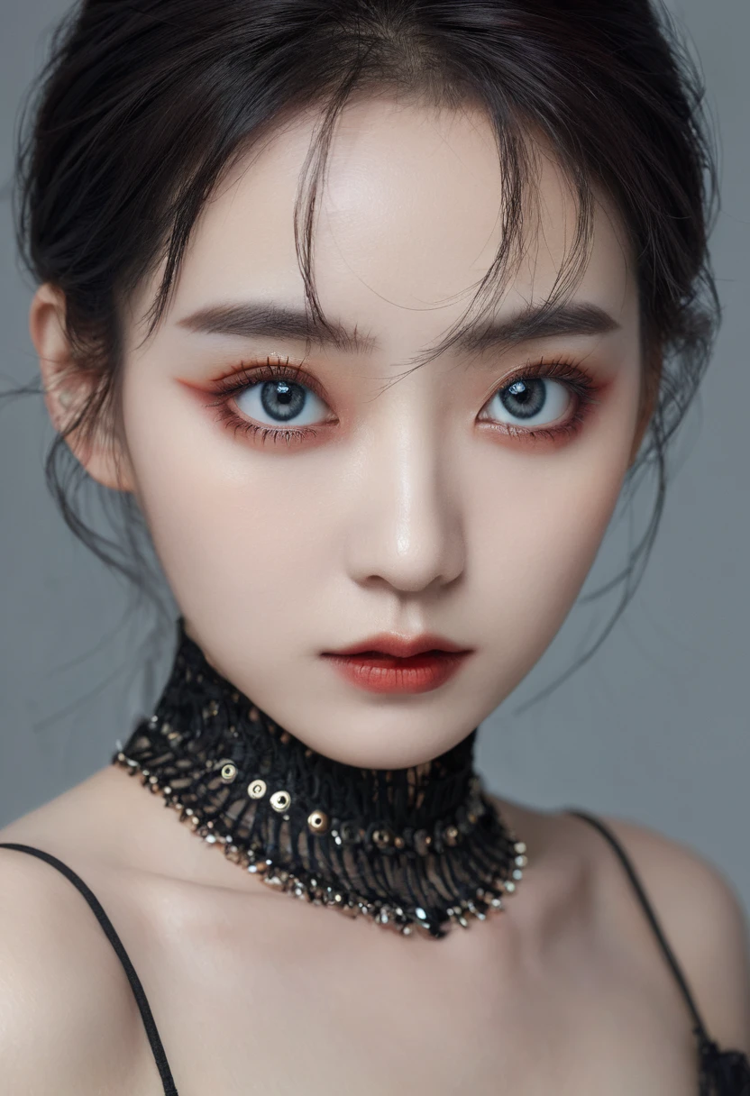 8K, dark_fantasy, Delicate face, (Delicate glass pupil: 1.5), Standing full body portrait, One eye is blackened, Redness in one eye, 1 person, Mechanical wonder, exist