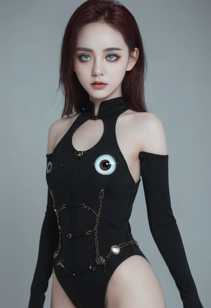 8K, dark_fantasy, Delicate face, (Delicate glass pupil: 1.5), Standing full body portrait, One eye is blackened, Redness in one eye, 1 person, Mechanical wonder, exist