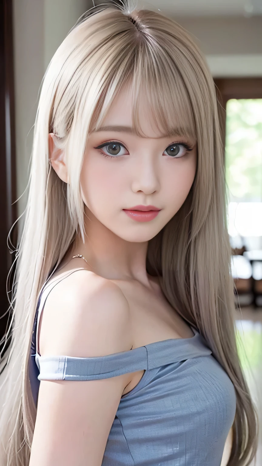 Silver Shiny Hair、Super long straight silky hair、Dazzling blonde, super long, silky hair、 cute little beautiful face、Beautiful girl、A radiant blonde dancing in front of a beautiful face、length, Silky bangs that cover the area between the eyes、so beautiful, bright, big, bright青い目、Very big eyes、Hair that hides the face、Sexy and cute young woman with super long bangs、Very white skin、Cheek Gloss Highlighter、Small Face Beauty、Primary color off-shoulder t-shirt、Ample Bust