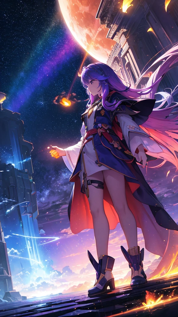 wide landscape photo, (viewed from below, the sky is above, and the open field is below), a girl standing on a flower field looking up, (full moon: 1.2), (meteor: 0.9), (nebula: 1.3), distant mountains , Trees BREAK Crafting Art, (Warm Light: 1.2), (Firefly: 1.2), Lights, Lots of Purple and Orange, Intricate Details, Volumetric Lighting BREAK (Masterpiece: 1.2), (Best Quality), 4k, Ultra Detailed, (Dynamic Composition: 1.4), Rich in Detail and Color, (Rainbow Color: 1.2), (Glow, Atmospheric Lighting), Dreamy, Magical, (Solo: 1.2)