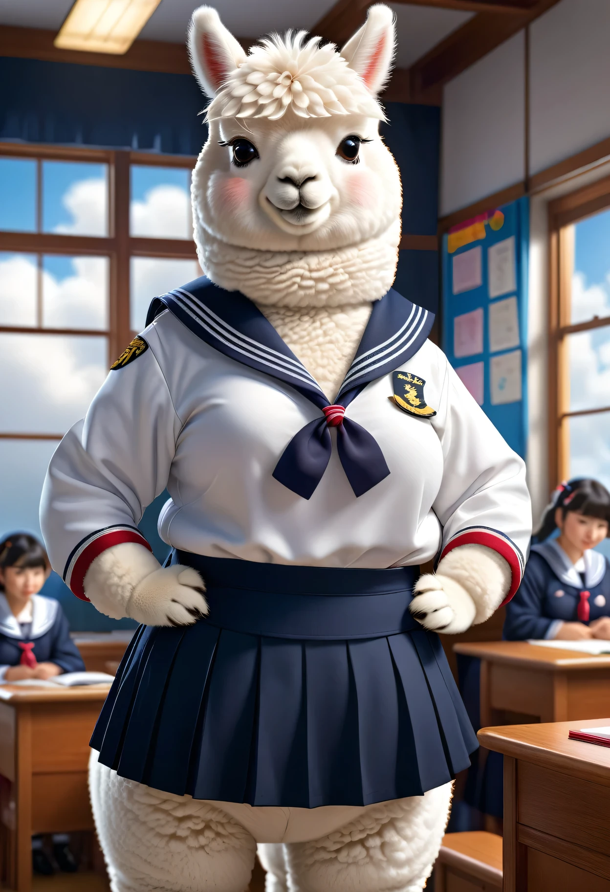 photorealistic portrait of Dressed animals-a ((fat)) ((white alpaca)) student,(furry), (elegant pose:1.5), (hands on hips:1.5),(smile:1.5),high quality,(),(lovely) ,intricate details, Wearing Japanese sailor uniform , (), highly detailed ((female sailor uniform)) ,highly detailed clothes, high sox , (happy), soft lighting,(full body image:2.0),in classroom background,clouds,score_9, score_8_up, score_7_up, score_6_up, score_5_up, score_4_up,