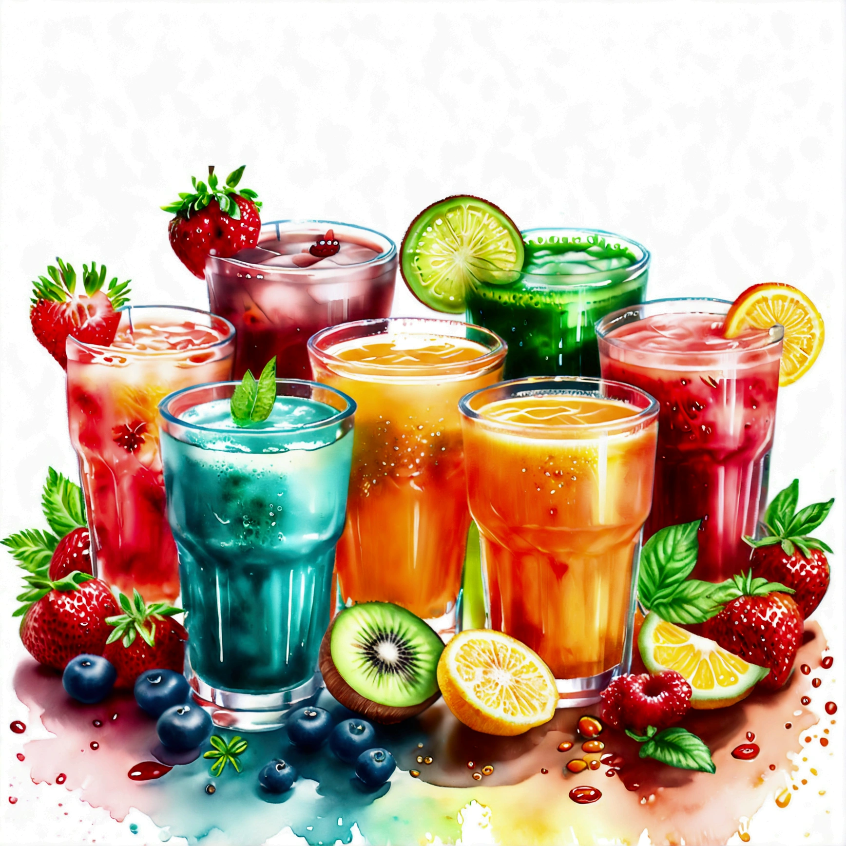 there are many types of colorful healthy drinks served in glasses, juices, smoothie and infused water , illustration, isolated with solid white background, surrounded with negative space, centered composition, highest detailed painting, very precise line, Isolated, clear solid white background, perspective angle of view, ((watercolor:1.5)), (lora:add-detail-xl:1), (masterpiece), (best quality), no bread on the floor, washed out color