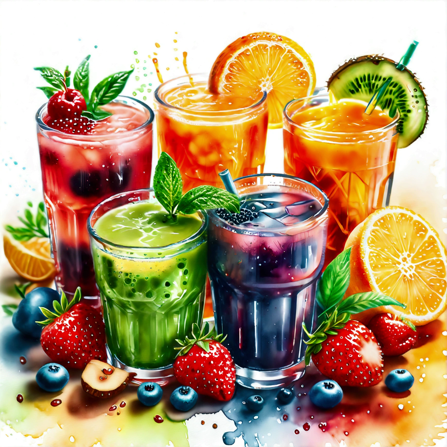 there are many types of colorful healthy drinks served in glasses, juices, smoothie and infused water , illustration, isolated with solid white background, surrounded with negative space, centered composition, highest detailed painting, very precise line, Isolated, clear solid white background, perspective angle of view, ((watercolor:1.5)), (lora:add-detail-xl:1), (masterpiece), (best quality), no bread on the floor, washed out color