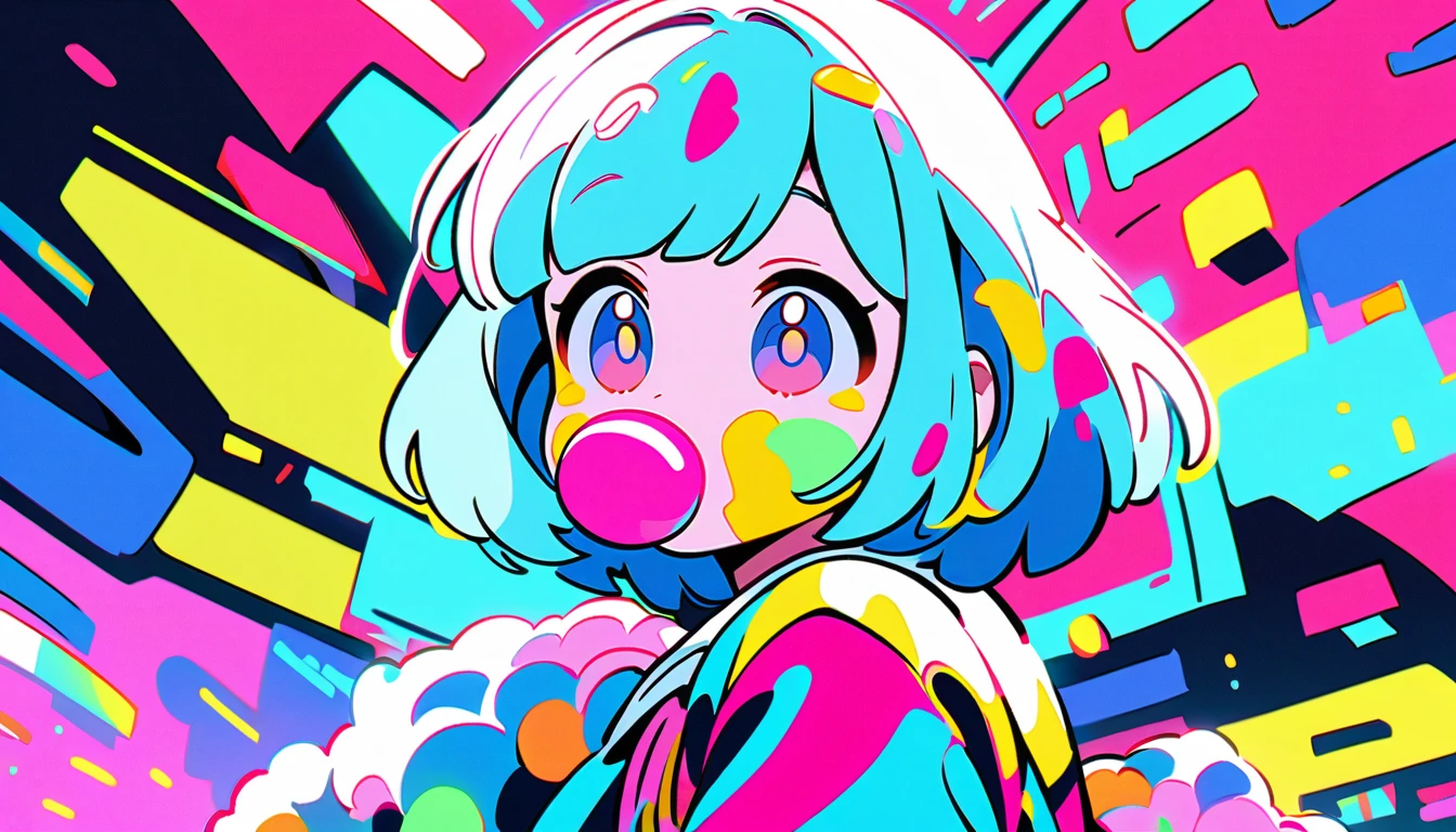 Vibrant art,pop、bright、colorful, 1 female, Light blue hair, short hair、Happy,cute, Animation Style, cute, clearly, colorful cyberpunk, bubblegum pop, cute、Pink and light blue as main colors、I'Cheer loudly、 Wearing headphones、Headphones、buzzer、buzzer, tropical,