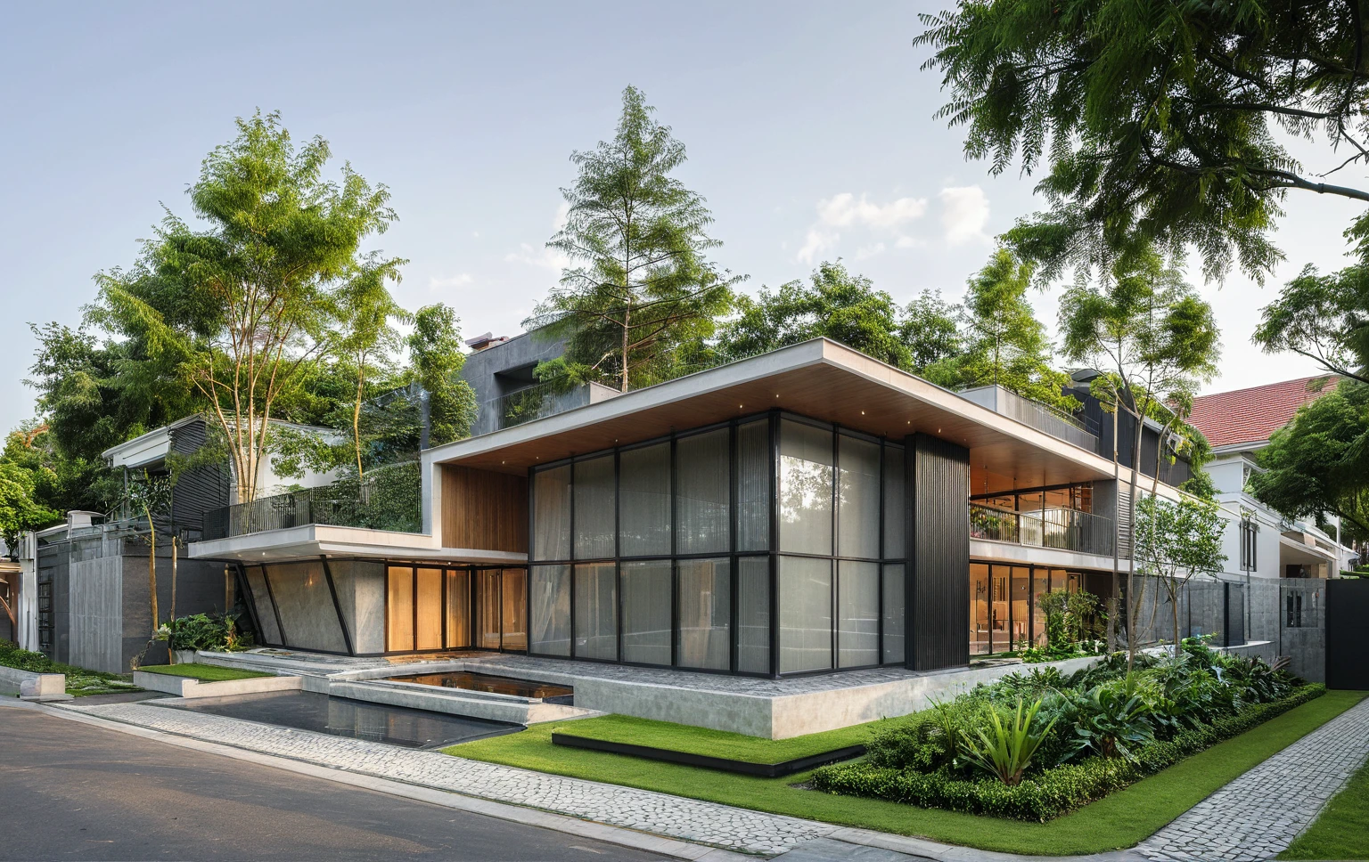 modern villa on street, (daylight), tropical tree, green shrub and plants, vivid color, streetcapes, minimalist design, brigth grey tone, large glass door, warm interior lighting, modern material, best quality, ultra realistic, masterpiece, 17ArchiAI_XL_VL-v1