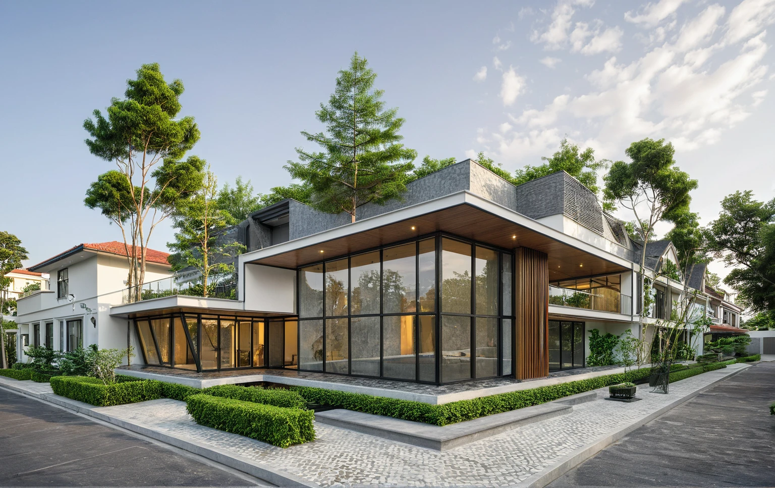 modern villa on street, (daylight), tropical tree, green shrub and plants, vivid color, streetcapes, minimalist design, brigth grey tone, large glass door, warm interior lighting, modern material, best quality, ultra realistic, masterpiece, 17ArchiAI_XL_VL-v1