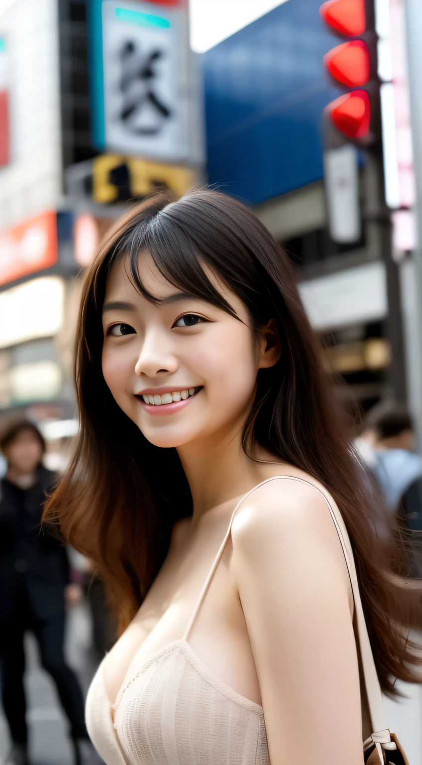 masterpiece,best quality,(Japanese ),((Beautiful girl)),cleavage,(perfect body beauty:1.2),(shy smile),beautiful teeth,(Shibuya scramble crossing),