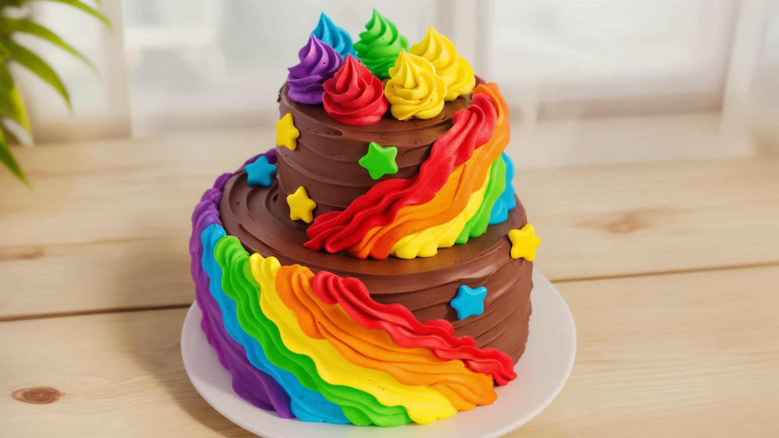 on a wooden table. there is a white plate. double tier chocolate cake ((chocolate cream texture, strokes of a pastry spatula)), rainbow cream in stitches, decorated with rainbow stars made of polymer clay, multi-colored cream on top ((cream highlights)), Beautiful light from the window, contour light, Multiple light sources, beautiful lighting, Bright light source, bright lighting, beautiful light sources, Multiple light sources, Realistic style , realistic texture, detailed texture, A high resolution, high quality, macro photography