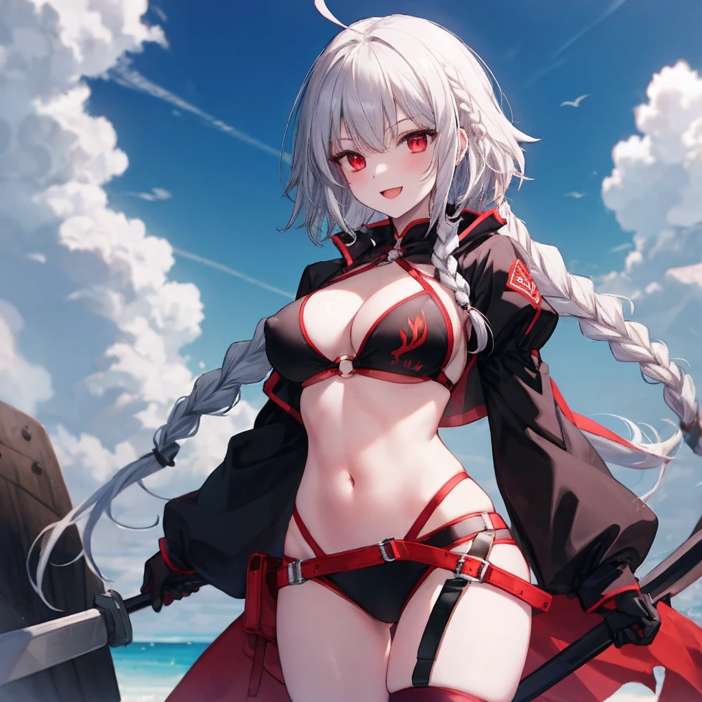 masterpiece, best quality, 1girl, , silver hair, ahoge, red eyes, (single braid), braid, large_ breasts, , blue sky,covered_groin,covered_nipples,solo,young,,open_legs,knee_boots,crotch_armor,cowboy_shot,crotch, asymmetrical legwear, long hair, bikini, black bikini, black gloves, gloves, long sleeves, navel, o-ring, o-ring bikini, o-ring bottom, o-ring top, puffy long sleeves, puffy sleeves, red legwear, single thighhigh, swimsuit, thigh strap, thighhighs, uneven legwear,smile,nihil,open_mouth,angry