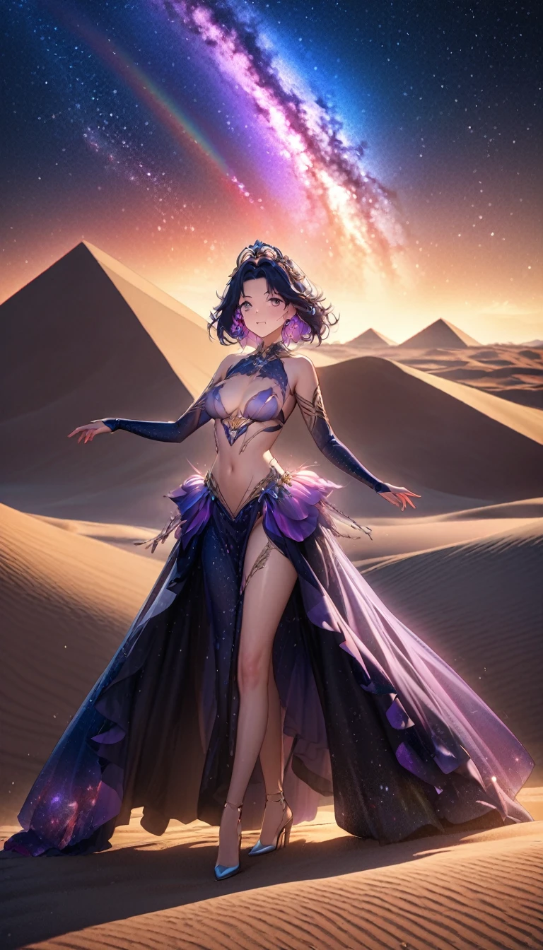 Highest quality, Highest quality, 16K, SFW, Unbelievably absurd, Very detailed, delicate and dynamic, Natural light, The particles reflect the colors of the rainbow, Diffuse reflection of light, Vortex of Light, There are many sandstorms, Beautiful desert, Colorful starry sky, Beautiful starry sky, milky way, shooting star, Moonlit Night, Sand Dunes, Create amazing image effects, full body close-up, pyramid, movie scenes: princess of dune, (Cute y girl, firm chests, Sensual expression, Passionate, Hilarious, Vibrant, princess of dune , Lavish décor, Dancing against the backdrop of a starry sky)