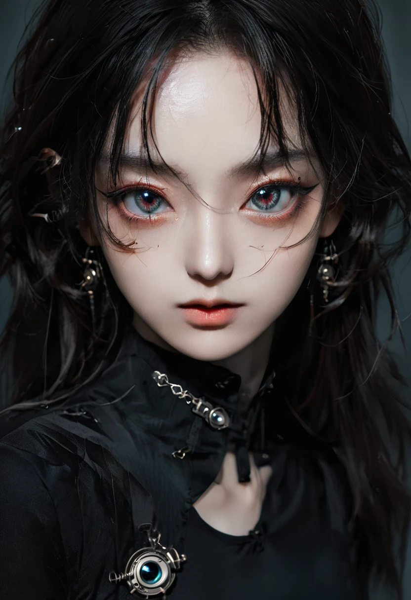 8K, dark_fantasy, Delicate face, (Delicate glass pupil: 1.5), Standing full body portrait, One eye is blackened, Redness in one eye, 1 person, Mechanical wonder, exist