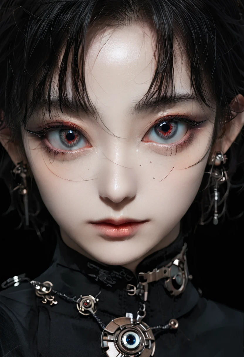 8K, dark_fantasy, Delicate face, (Delicate glass pupil: 1.5), Standing full body portrait, One eye is blackened, Redness in one eye, 1 person, Mechanical wonder, exist