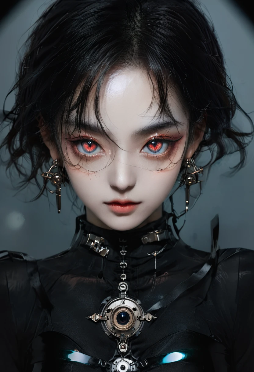 8K, dark_fantasy, Delicate face, (Delicate glass pupil: 1.5), Standing full body portrait, One eye is blackened, Redness in one eye, 1 person, Mechanical wonder, exist