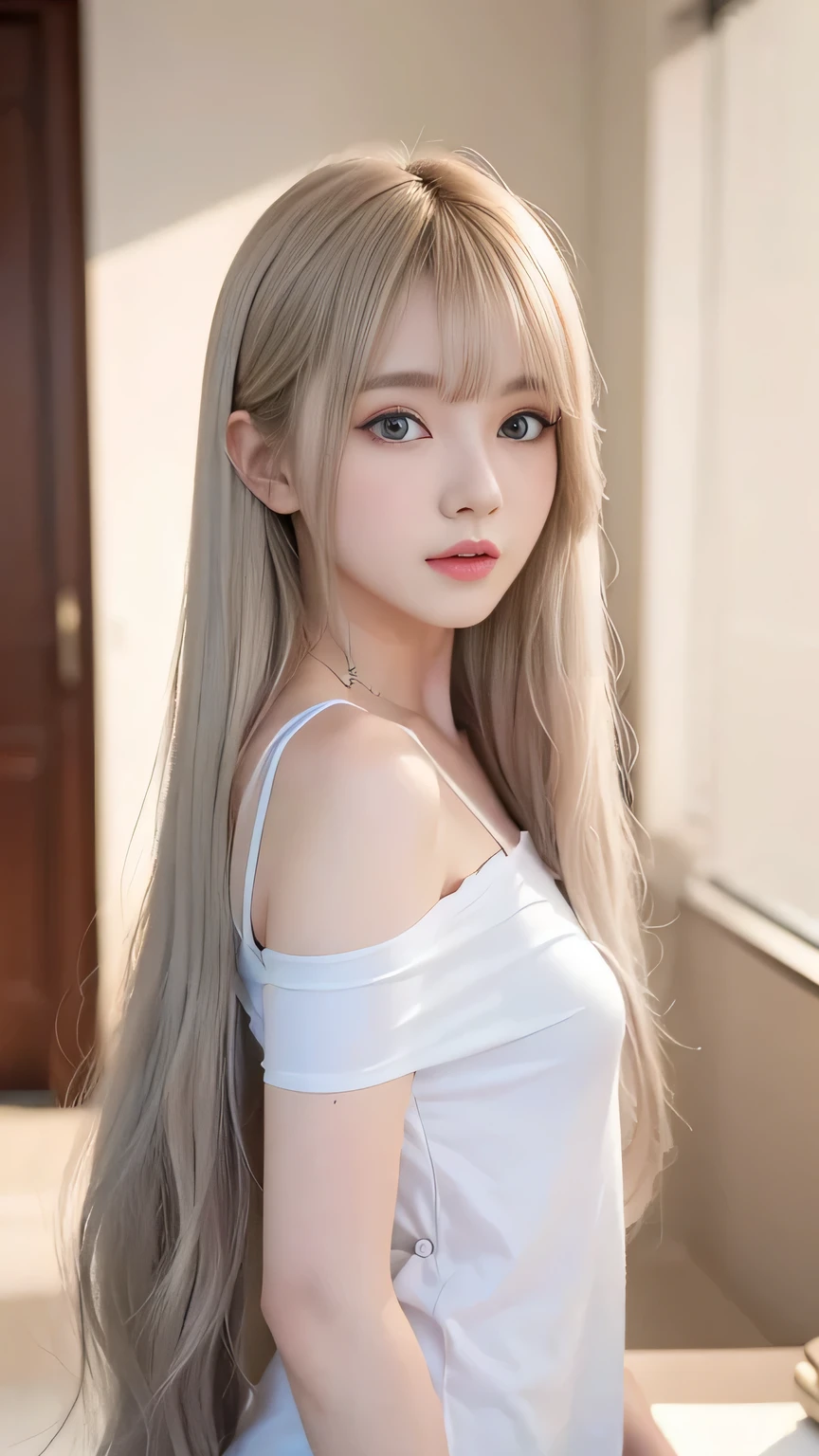 Silver Shiny Hair、Super long straight silky hair、Dazzling blonde, super long, silky hair、 cute little beautiful face、Beautiful girl、A radiant blonde dancing in front of a beautiful face、length, Silky bangs that cover the area between the eyes、so beautiful, bright, big, bright青い目、Very big eyes、Hair that hides the face、Sexy and cute young woman with super long bangs、Very white skin、Cheek Gloss Highlighter、Small Face Beauty、Primary color off-shoulder t-shirt、Ample Bust