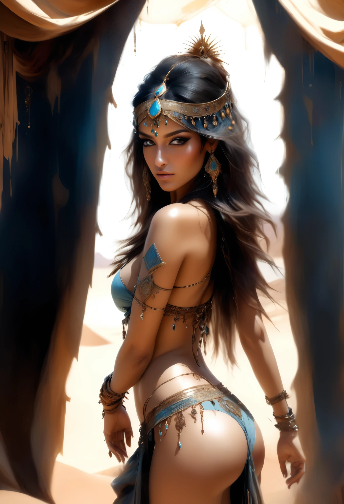 y female arabian princess, belly dancer outfit, rear view, sexosing, looking back at viewer, in an opulent tent in a desert oasis, belly chain, g-string, ass, cltoe, pierced nipples, welry, perfect anatomy, approaching perfection, dynamic, highly detailed, smooth, sharp focus, art by Carne Griffiths and Wadim Kashin, trending on artstation, sharp focus, intricate details, highly detailed, by greg rutkowski, mysterious, epic, cinematic, digital art, 4k,