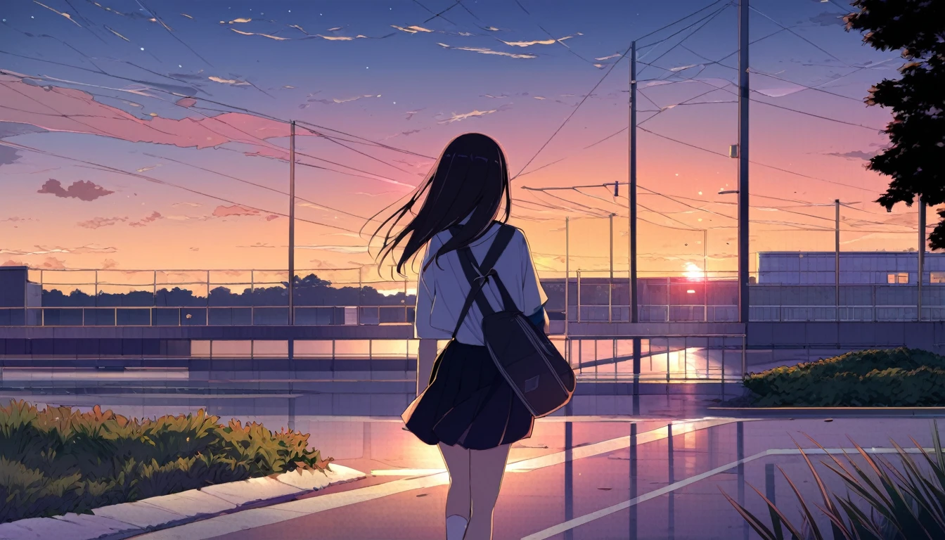 A high school girl walking at dusk