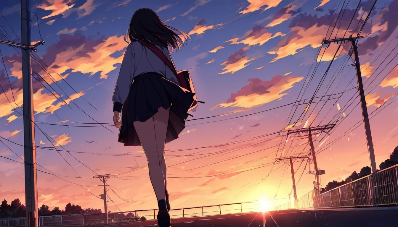 A high school girl walking at dusk
