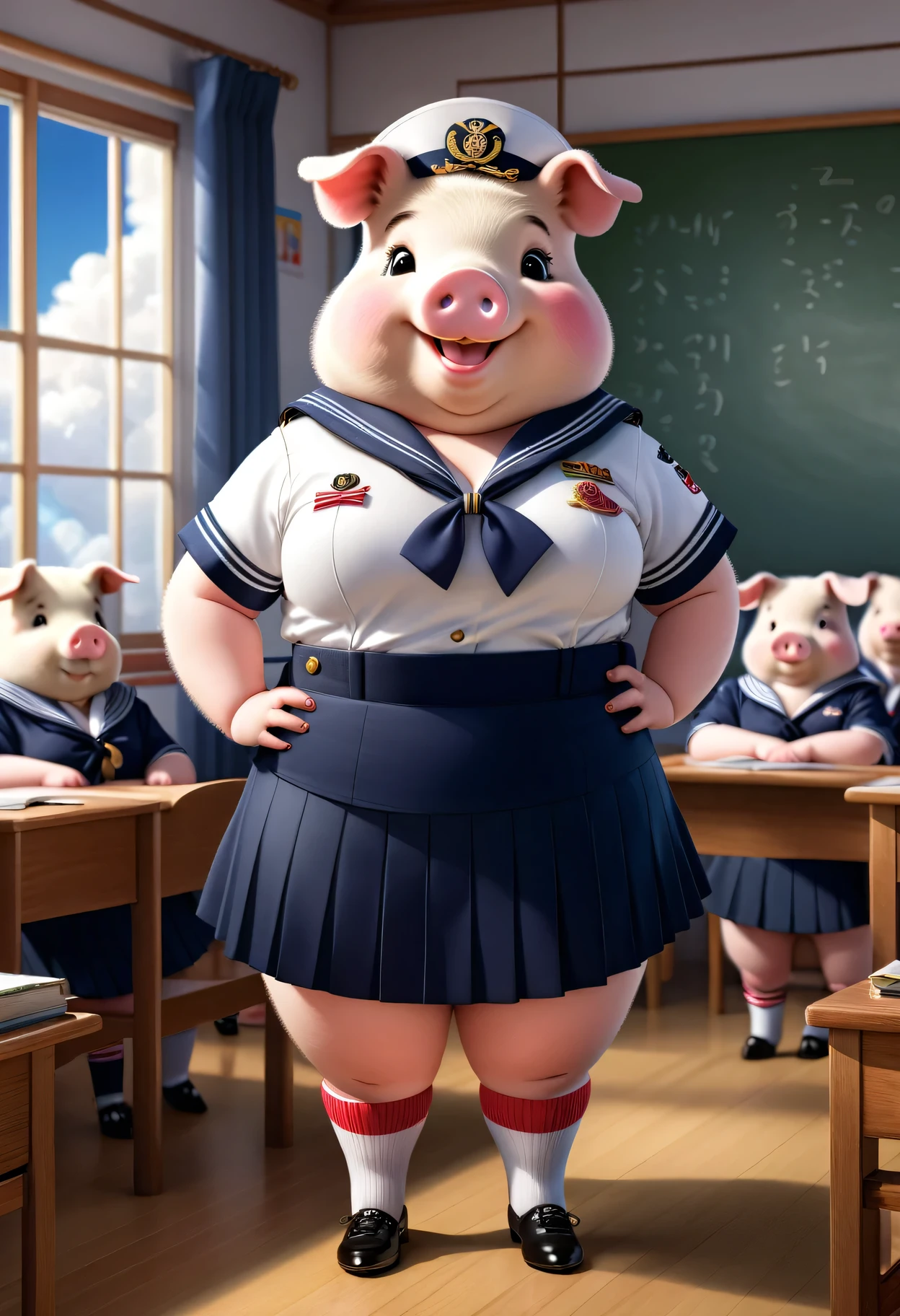  photorealistic portrait of Dressed animals-a ((fat)) ((pig)) student,(furry), (elegant pose:1.5), (hands on hips:1.5),(smile:1.5),high quality,(),(lovely) ,intricate details, Wearing Japanese sailor uniform , (), highly detailed ((female sailor uniform)) ,highly detailed clothes, high sox , (happy), soft lighting,(full body image:2.0),in classroom background,clouds,score_9, score_8_up, score_7_up, score_6_up, score_5_up, score_4_up,