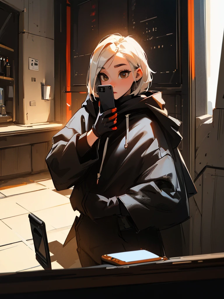 (((onli one woman))) girl with short red Bob style hair, white skin, light brown eyes, (((black gloves))), (((black hoodie))), black pants with straps (((Girl using smartphone))) background in room