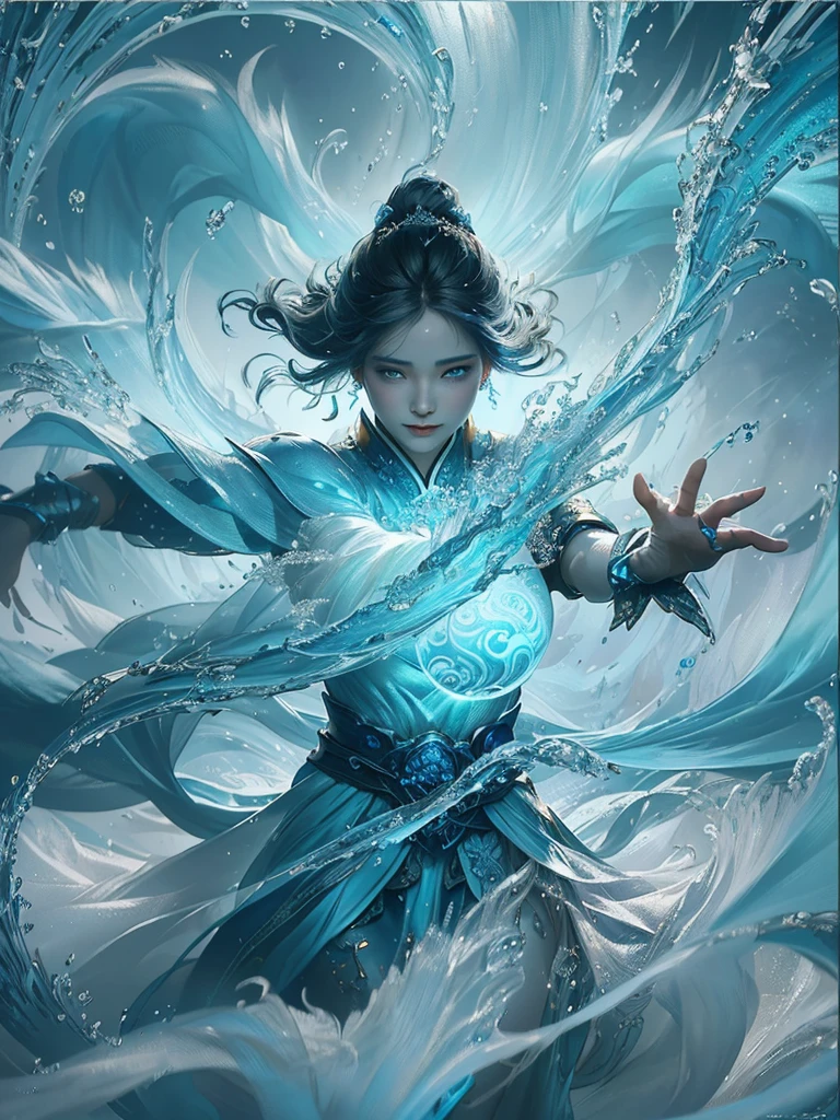 The painting shows a woman in a blue dress,Holding a blue ball in his hand, Graphic artist Magali Villeneuve, closeup fantasy with water magic, Asian female water element, Epic fantasy digital art style, Marguerite Villeneuve, High quality fantasy art, Epic and beautiful character art, digital fantasy art ), fantasy art behance, Fantasy card game art, trending digital fantasy art, author:Yang J